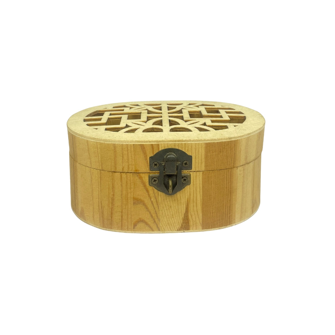 Oval Carved Wooden Box with Intricate Pattern Lid