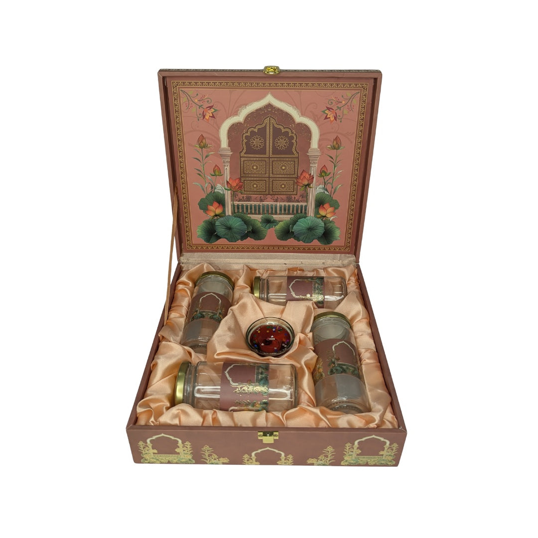 Royal Haveli Hamper Box 4 Glass Jars And Aroma Candle