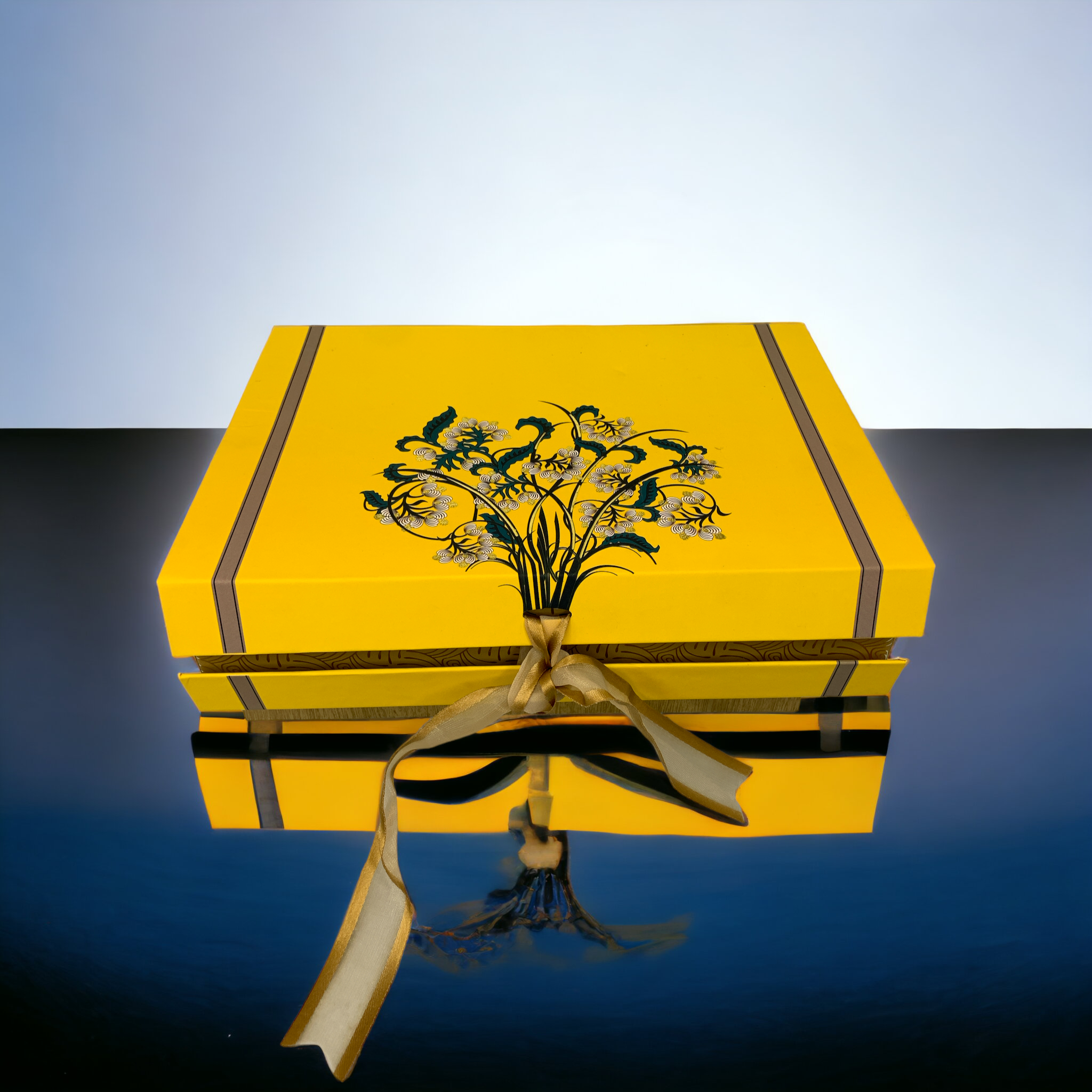 Cherish Hard Paper Box Rectangular (26.5x19x6.5) Yellow Color with 3 Detachable Partitions Multi Purpose Use- Dry Fruit Box, Giftings, Storage Etc