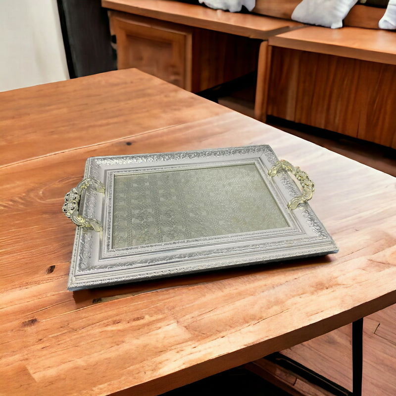 Rectangular Fiber Glass on Base with Designer Handle Silver Tray
