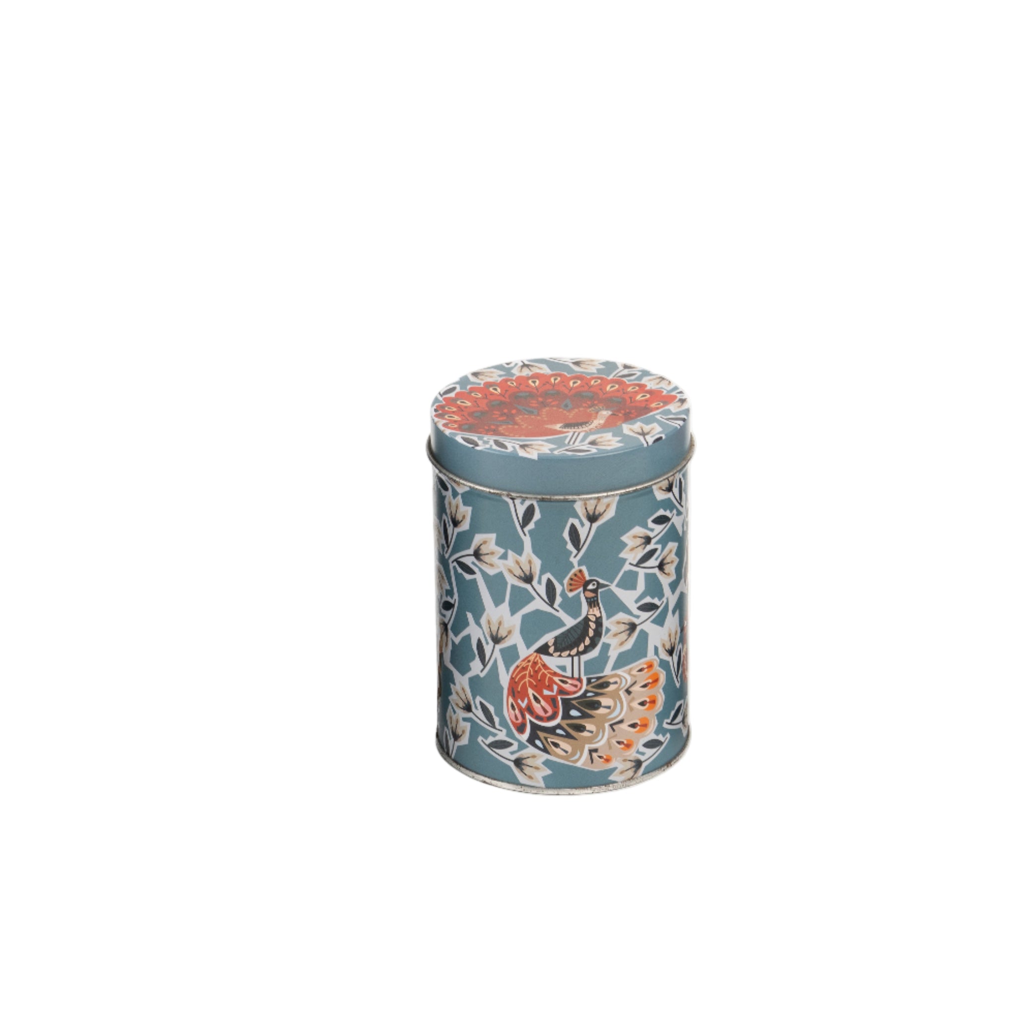 Peacock Glimpse Round Metal Tin Container