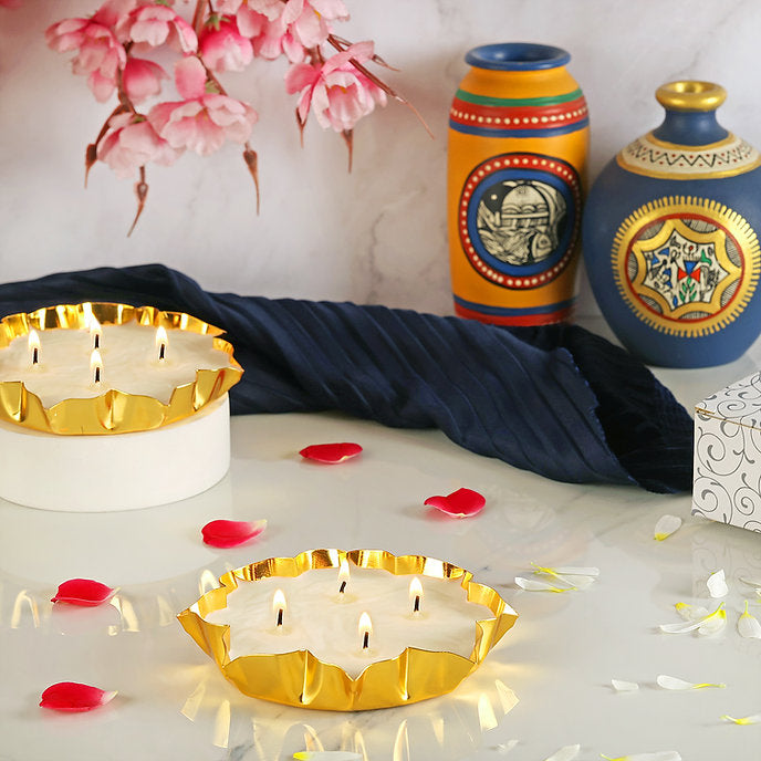 DECORATIVE GOLDEN METAL LOTUS WITH CANDLE INSIDE