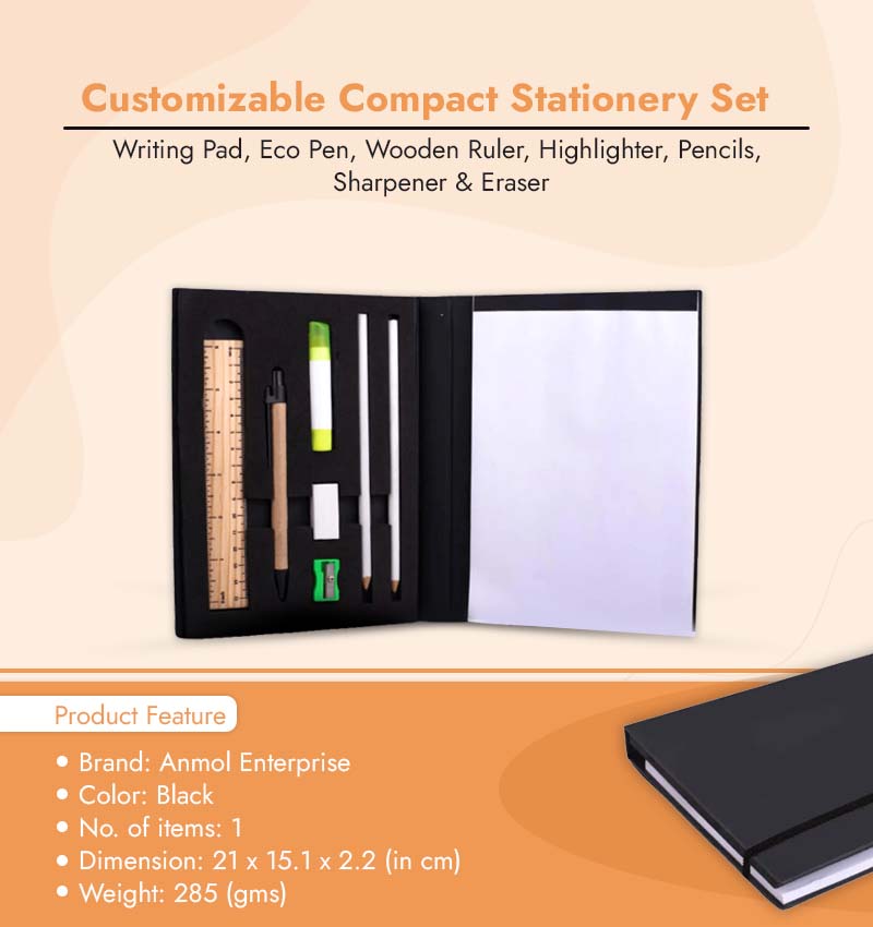 Compact Stationery Kit with Writing Pad, Eco Pen, Wooden Ruler, Highlighter, 2 Pencils, Sharpener and Eraser | Customizable Notepad: Black