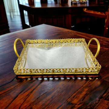 Rectangle Metallic Golden Tray with Glass Base with Handle