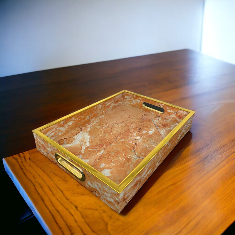 Rectangular Marble Orange Printed Wooden Tray with Handle