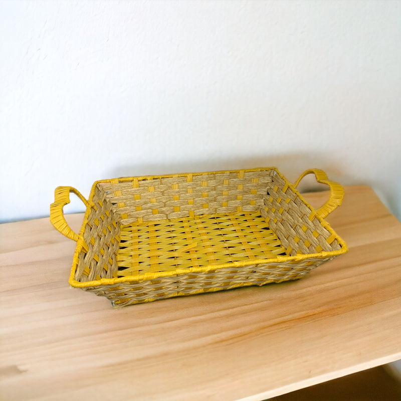 Rectangle Plastic Woven Rattan Yellow & Brown Basket with Handle