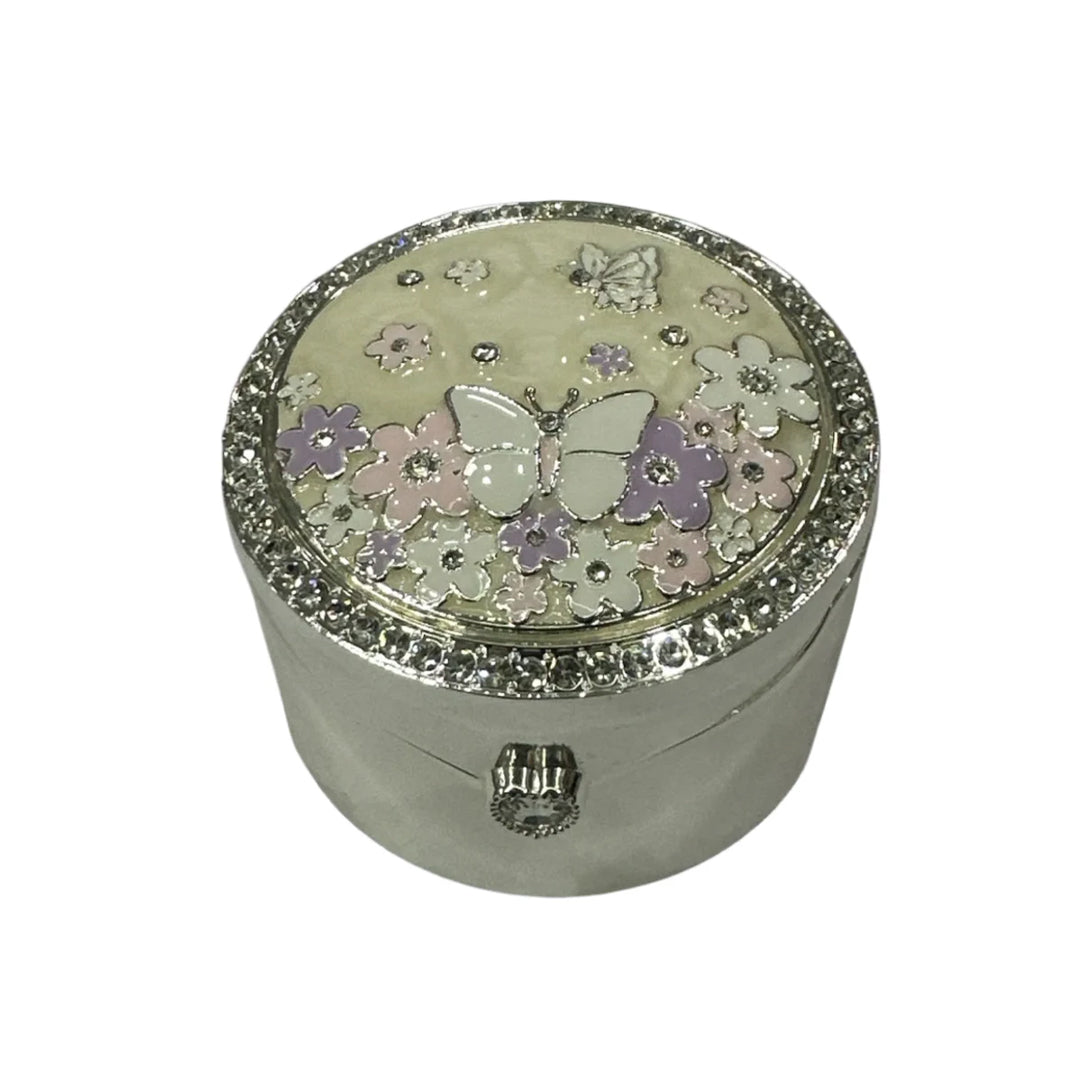 Floral Butterfly Silver Ring Box with Crystal Accents