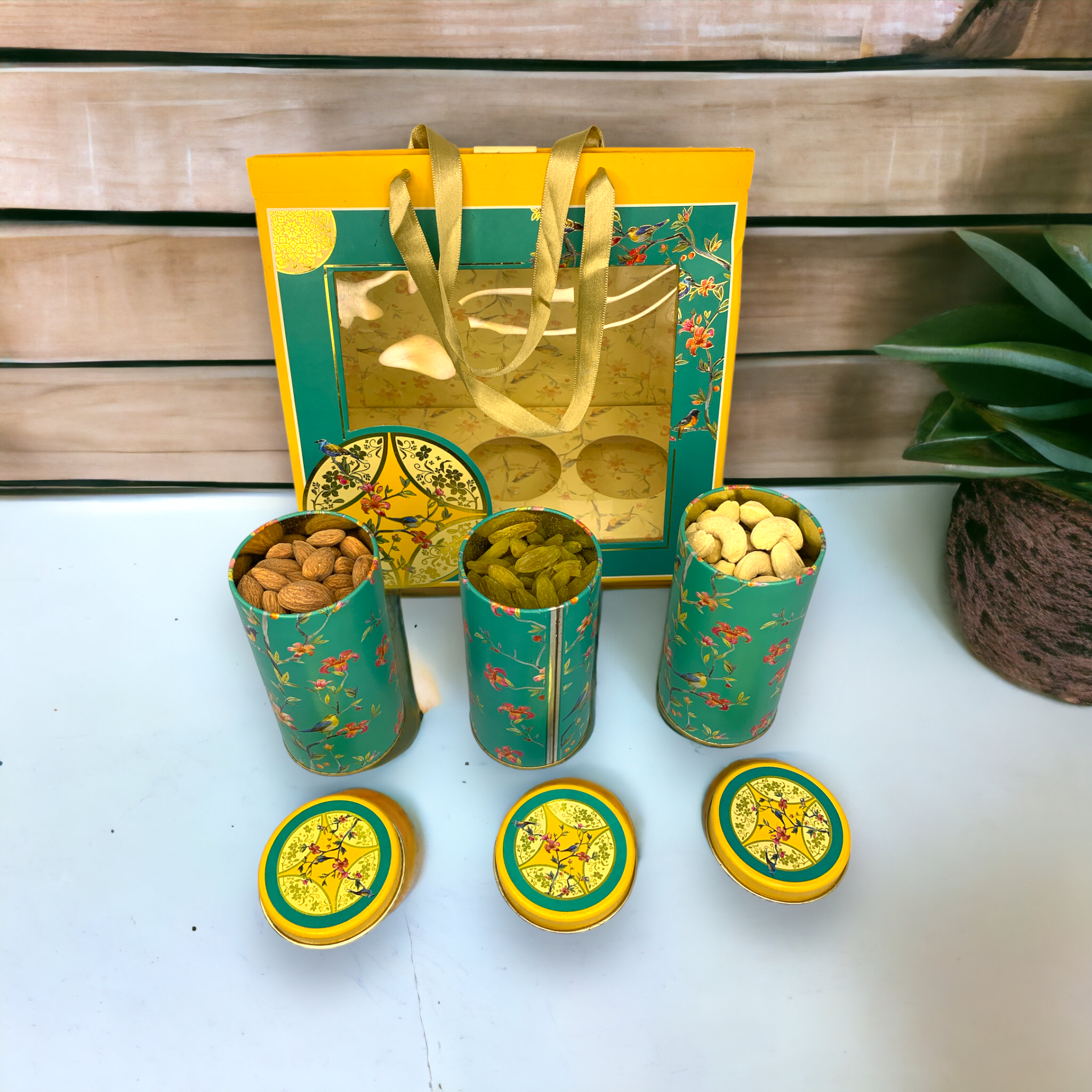 Printed Pyramid Box with Dryfruits: 3 Jars