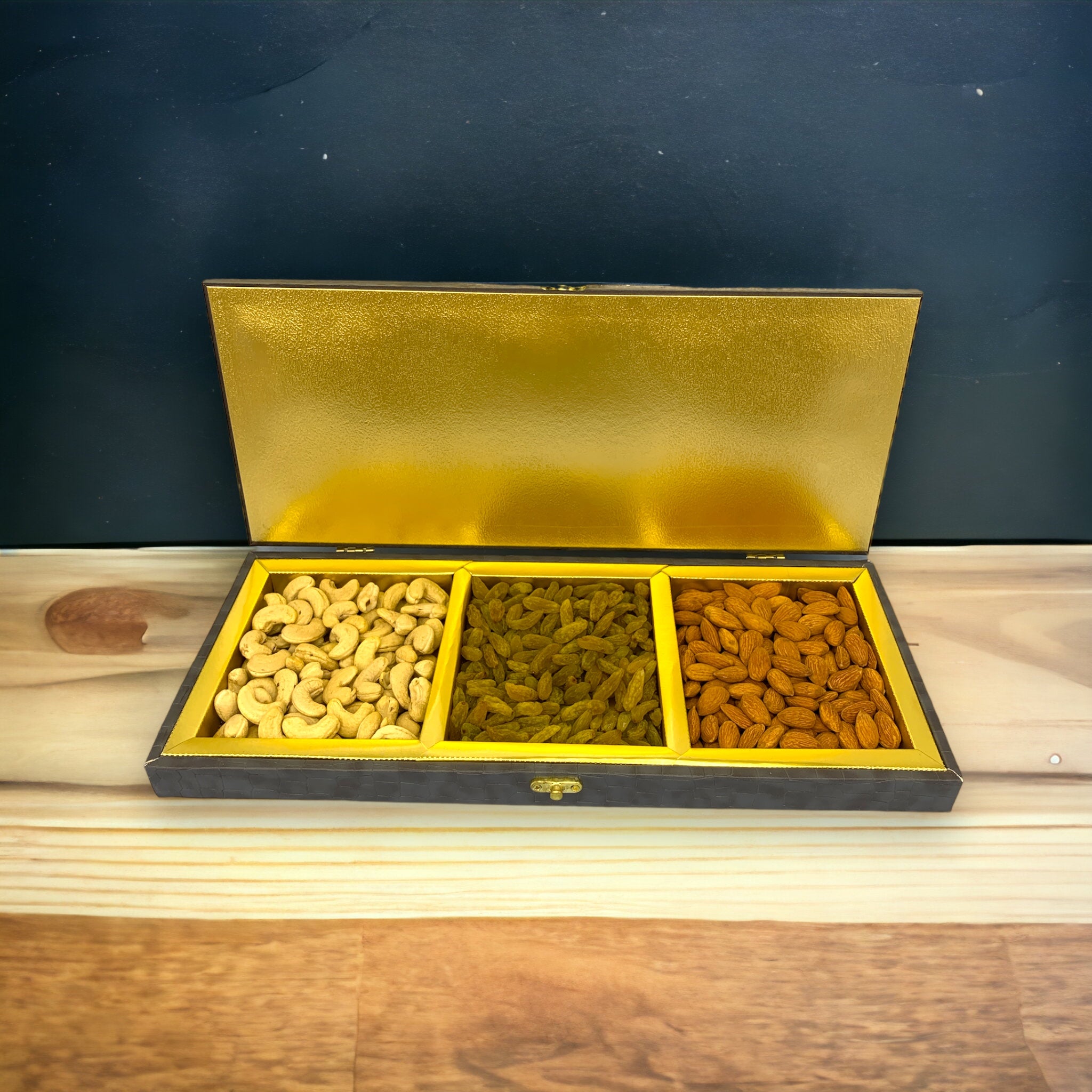 Premium Rectangle Leather Box with Dryfruits: 3 Partitions