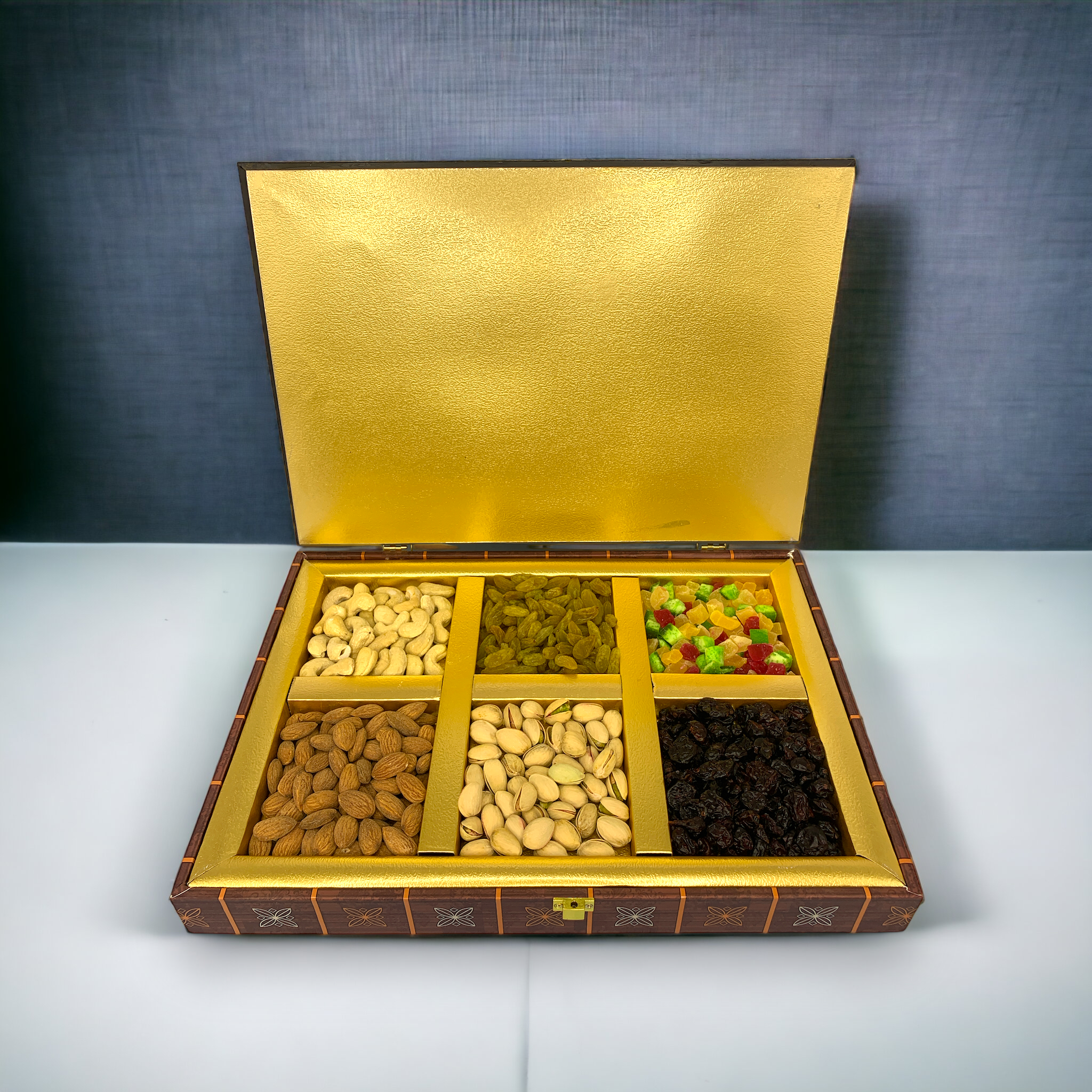 Premium Rectangle Wooden Box with Dryfruits: 6 Partitions