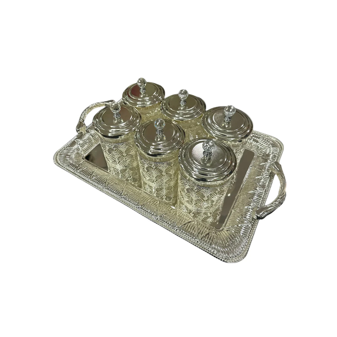 Glamorous Silver & Crystal 6 Glass Jars Set with Tray
