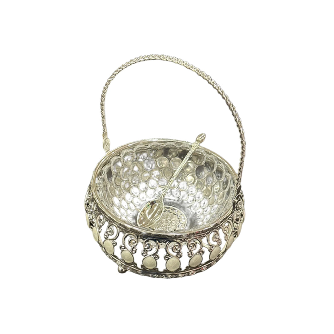 Ornate Silver & Glass Serving Basket with Spoon