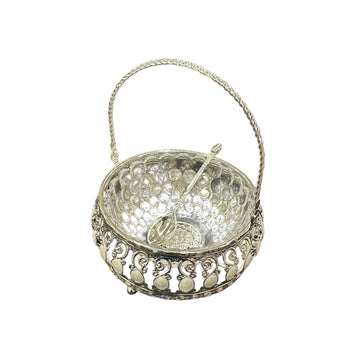 Ornate Silver & Glass Serving Basket with Spoon