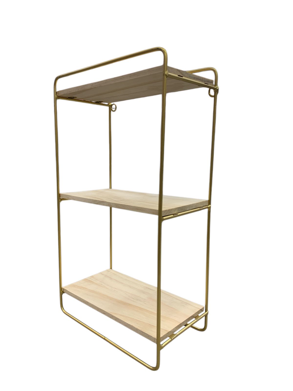 Vertical Gold Metal Wall Shelf with 3 Wooden Tiers