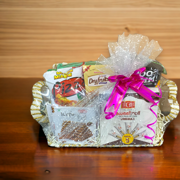 White & Brown Plastic Woven Rectangle Gift Basket