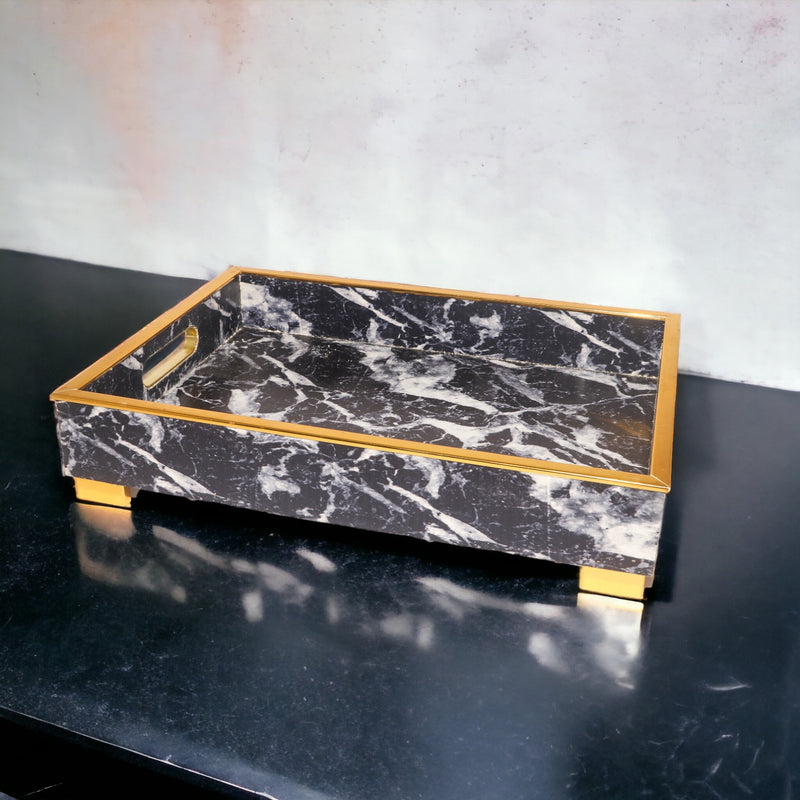 Rectangular Glossy Marble Black Printed Wooden Tray with Handle