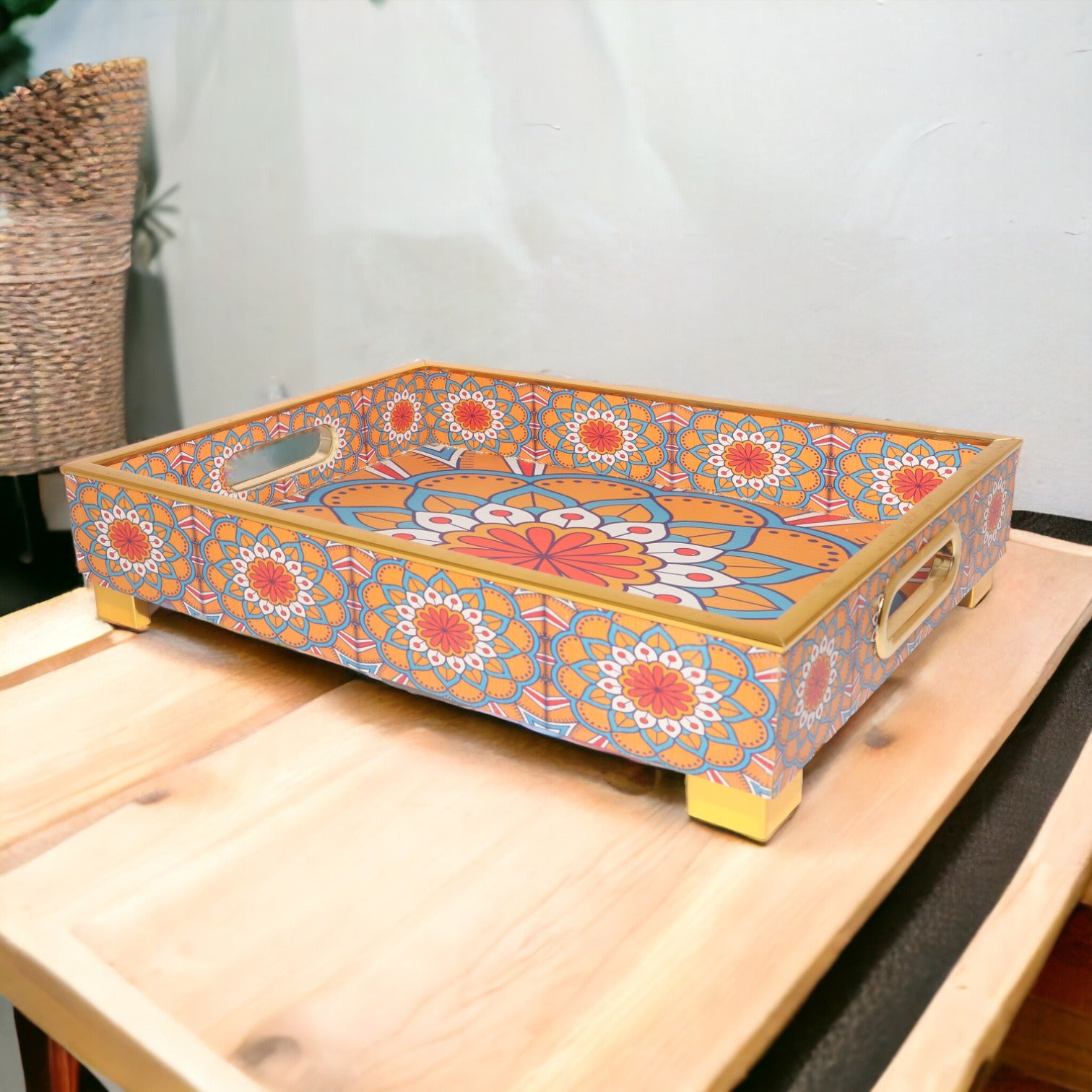Rectangular Floral Printed Wooden Tray with Handle