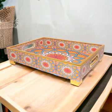 Rectangular Floral Printed Wooden Tray with Handle