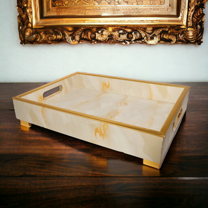 Rectangular Designer Off-White Printed Wooden Tray with Handle