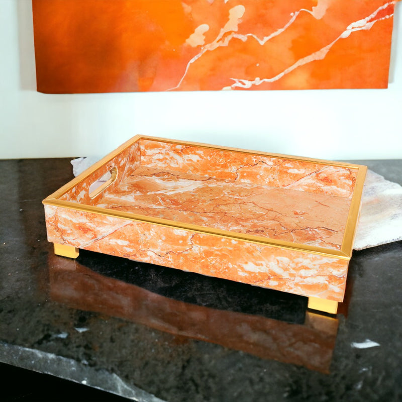 Rectangular Marble Orange Printed Wooden Tray with Handle