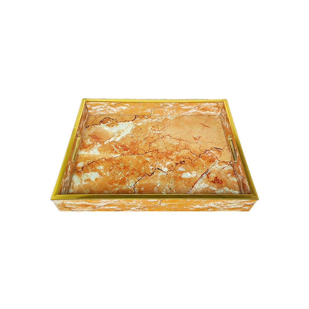 Orange Stone Inlay Tray with Golden Finish
