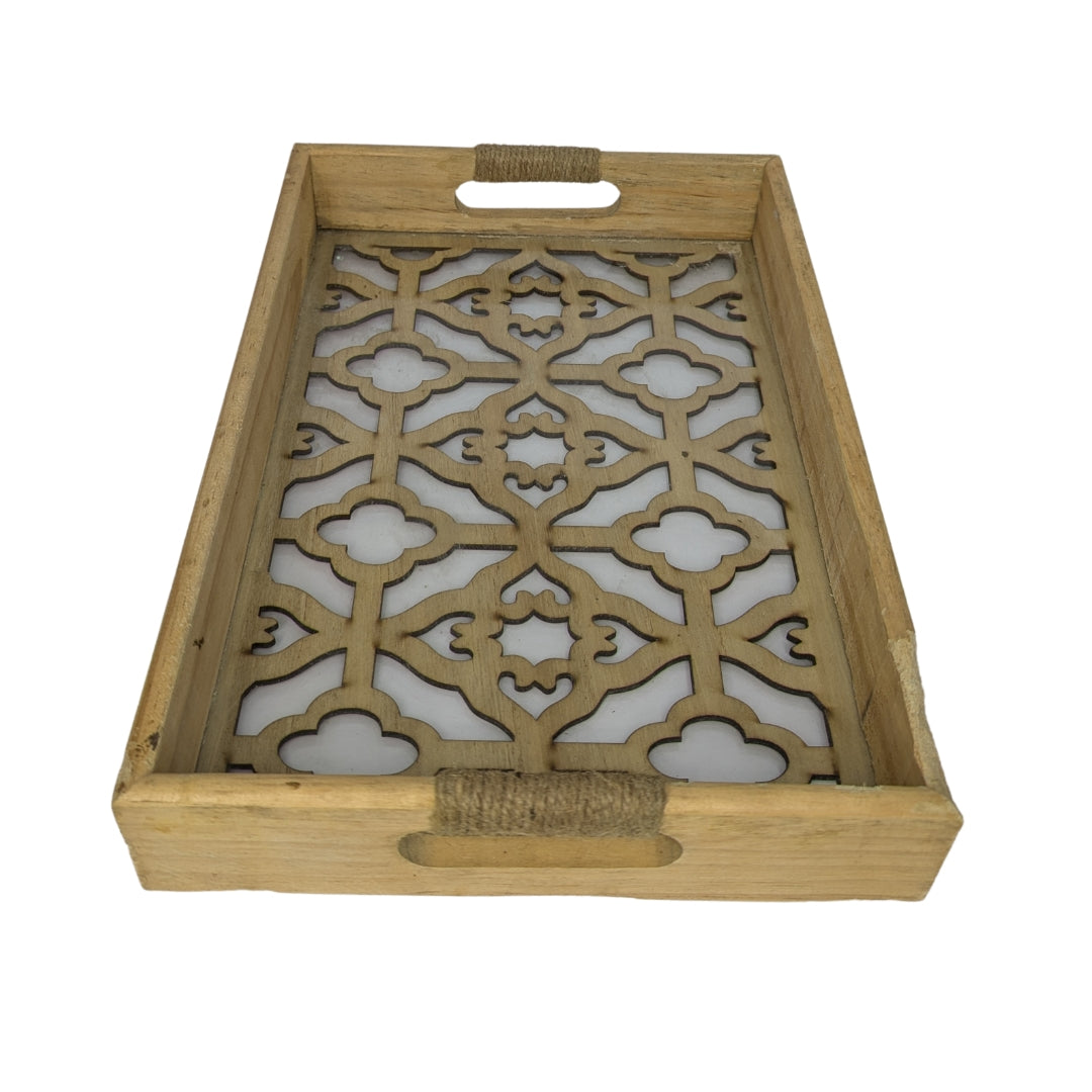 Intricate Cutwork Design Wooden Serving Tray