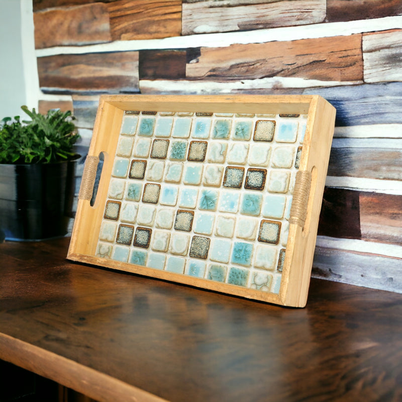 Rectangular Wooden Tiles Printed Tray with Handle