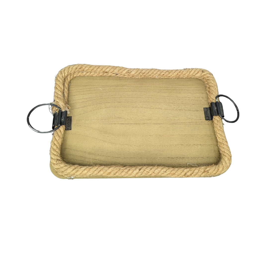 Rustic Wooden Tray with Rope Border & Ring Handles