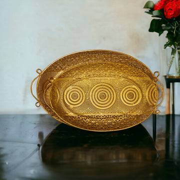 Golden Decorative Metal Serving Tray with Intricate Cutwork Design