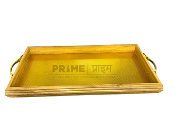 Golden Textured Wooden Serving Tray – Rectangular Design with Handles