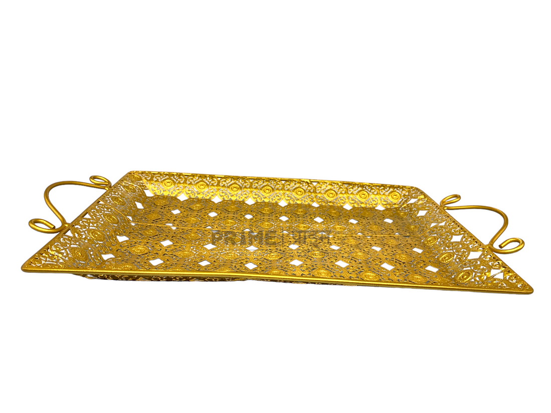 Rectangular Shape Designer Golden Metal Tray with Handle