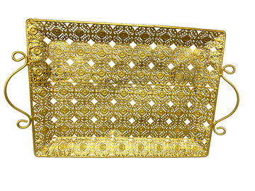 Rectangular Shape Designer Golden Metal Tray with Handle