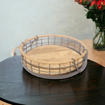 Round Wooden Metal Border Tray with Handle