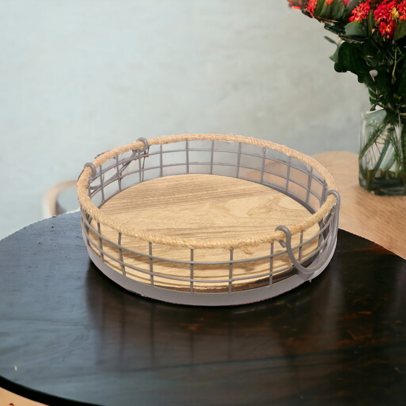 Round Wooden Metal Border Tray with Handle