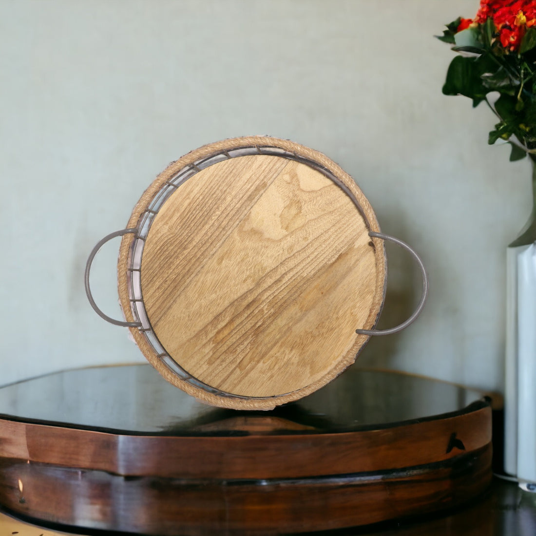 Round Wooden Metal Border Tray with Handle