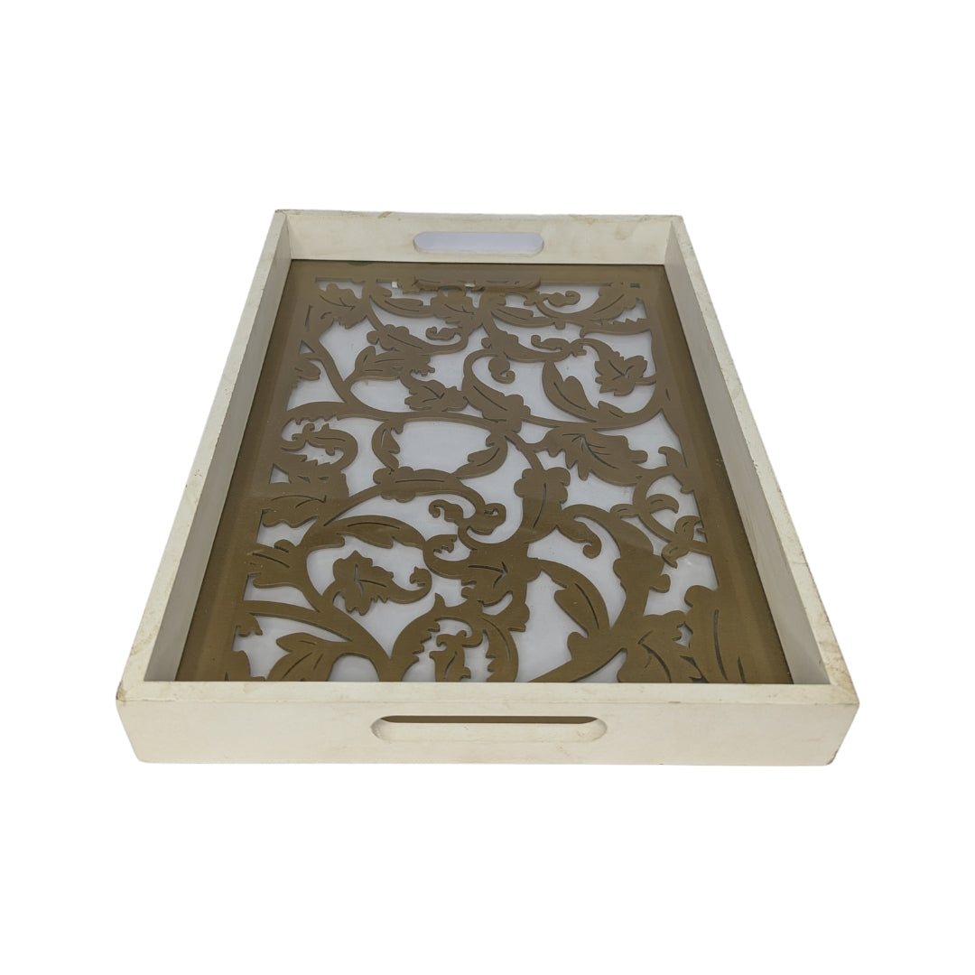 Decorative Wooden Serving Tray with Floral Cutwork Design