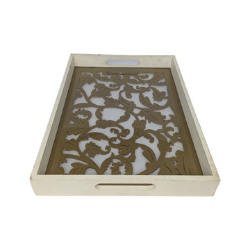 Decorative Wooden Serving Tray with Floral Cutwork Design