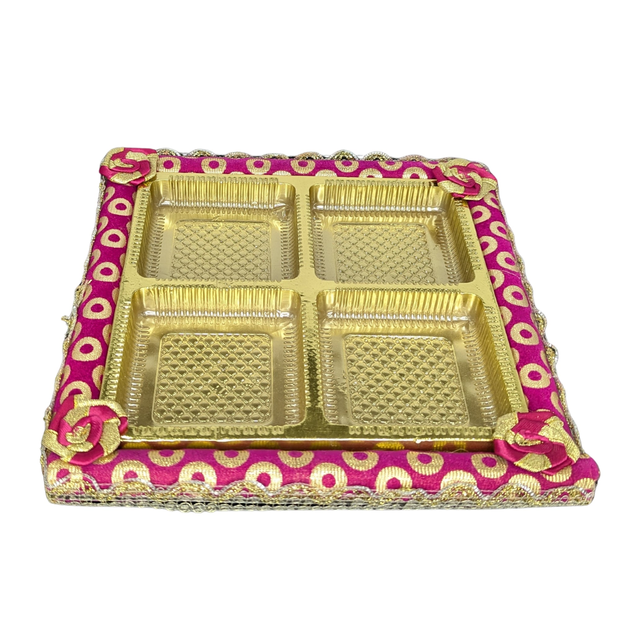 Festive Golden Compartment Serving Tray with Pink Border