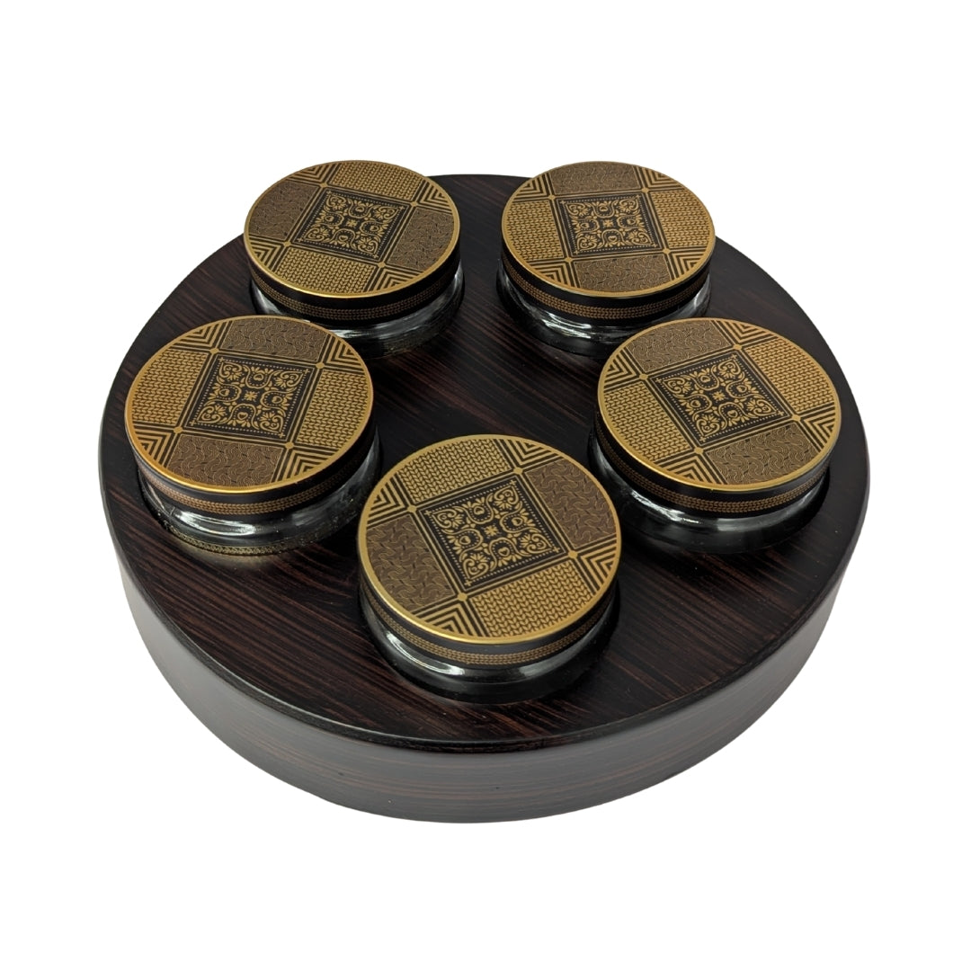 Revolving Wooden 5 Glass Jars & Designer Brass Finish Lids