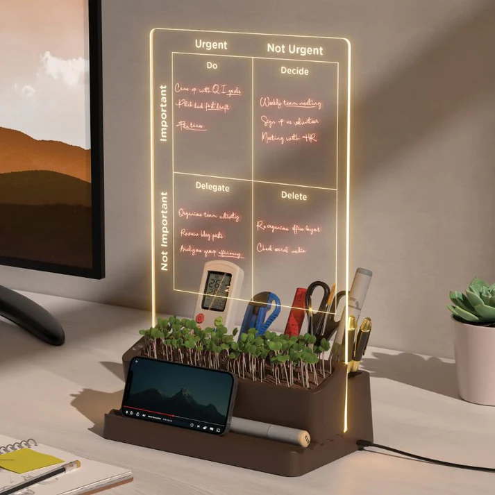 LED Acrylic Memo Board with Desk Organizer Plant Holder & Phone Stand
