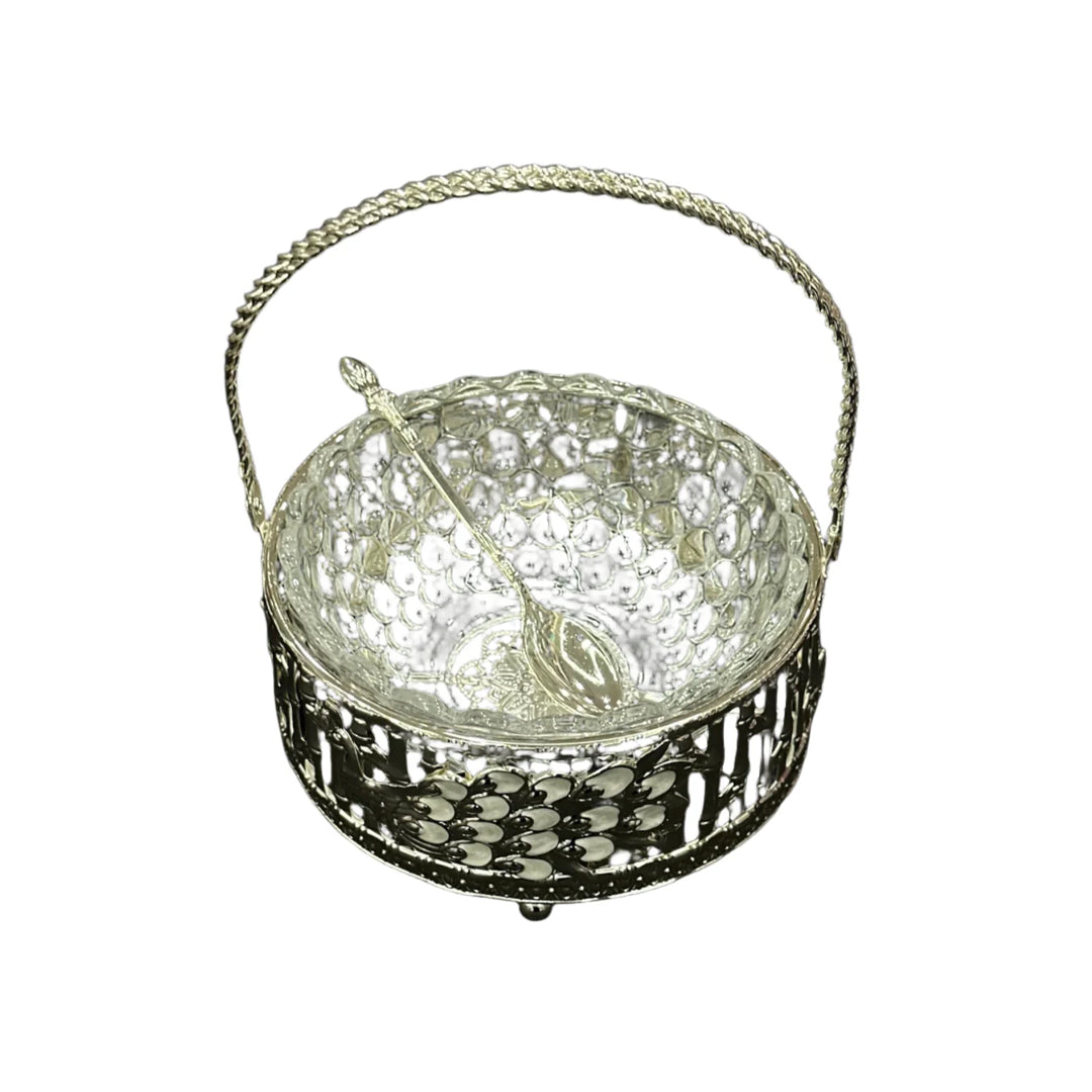Vintage Glory Glass Basket with Intricate Silver Detailing