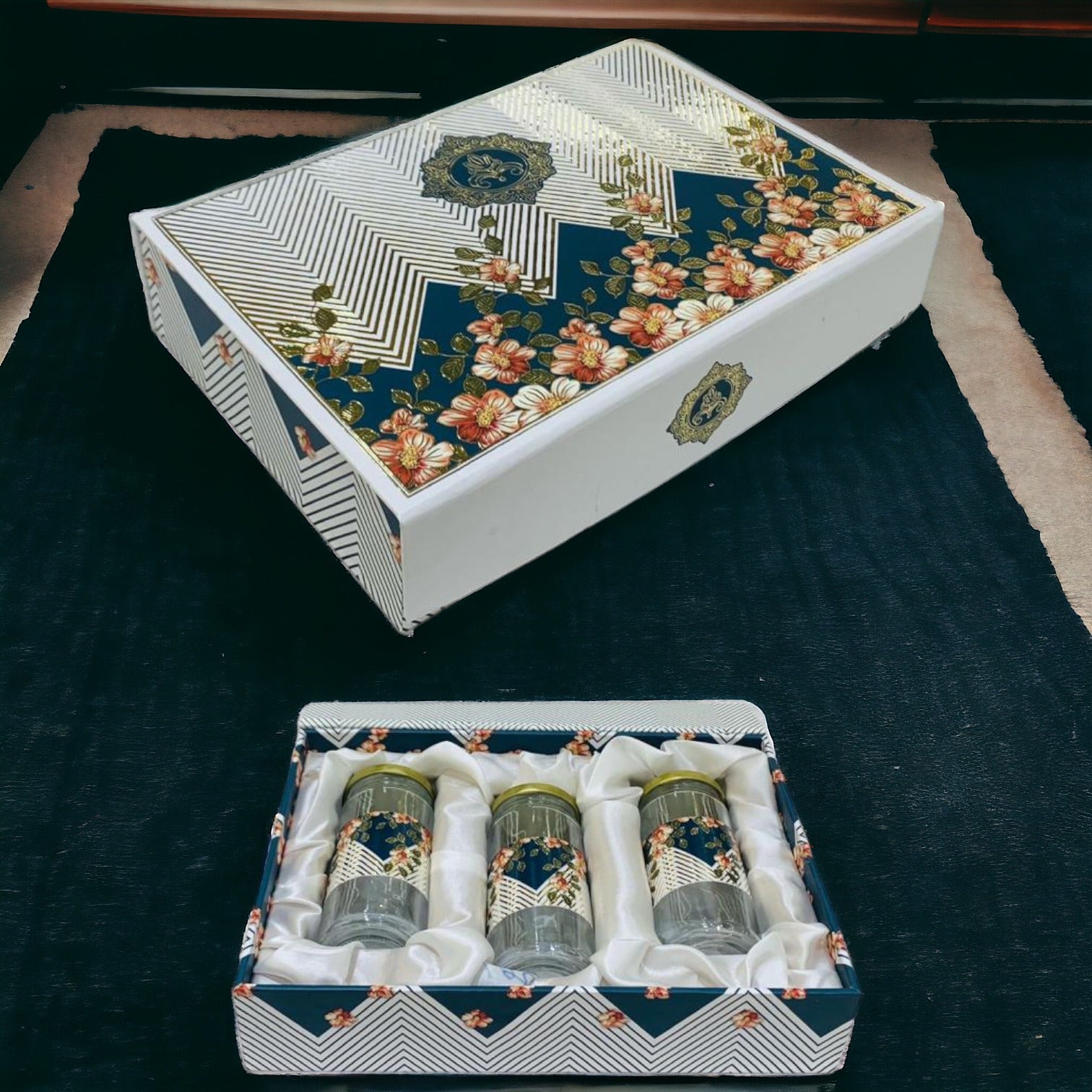 Cherish Hard Paper Box Square (30x21x6.5cm) Premium Hamper Box with 3 Glass Jars Useful For Dry Fruits Hampers