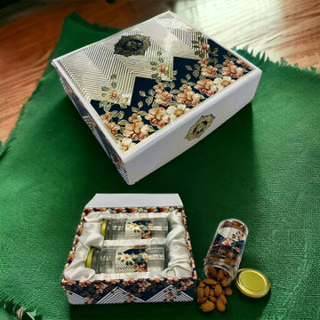 Cherish Hard Paper Box Square (20x18.5x6.5cm) Premium Hamper Box with 2 Glass Jars Useful For Dry Fruits Hampers