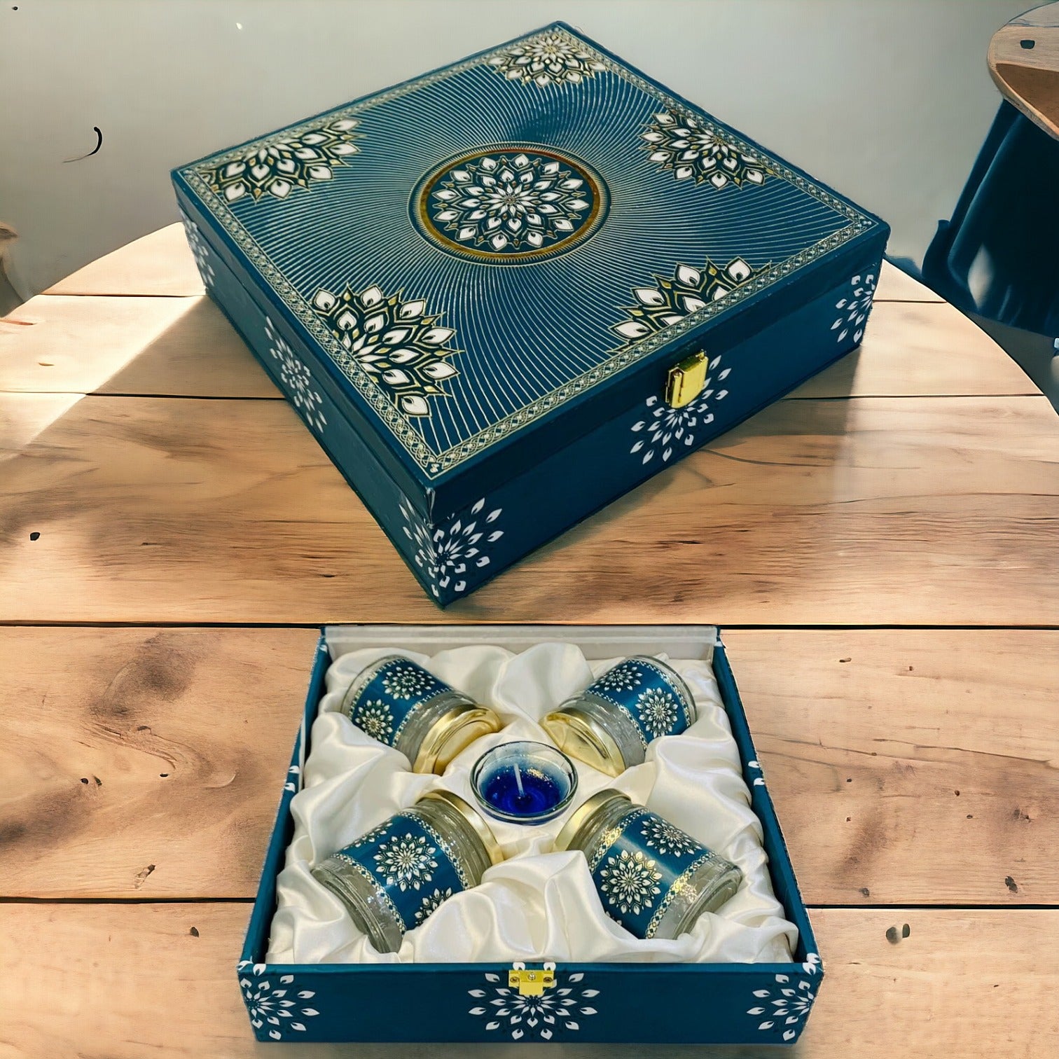 Square Premium Feather Box with 4 Glass Jars & 1 Diya