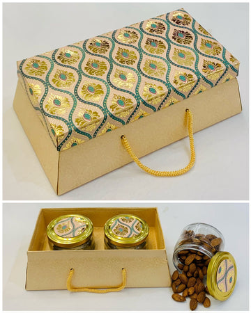 Cherish Rigid Box  with Handle and 2 Jars inside, Golden Color useful for Dry fruit Gifting Purpose