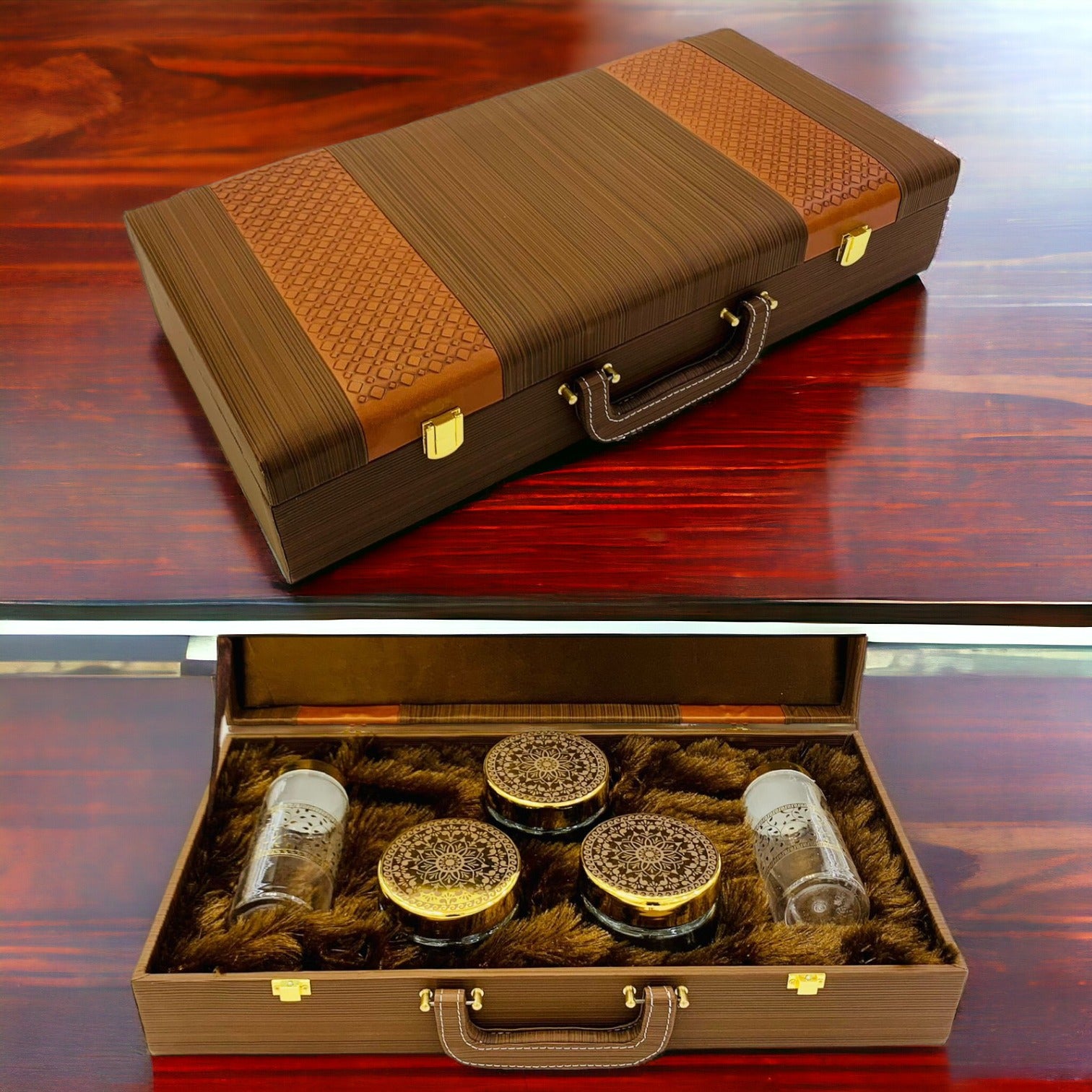 Rectangle Premium Brown Leather Suitcase: 5 Jars