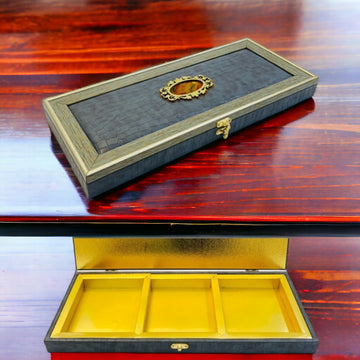 Cherish Wooden Box With Leather Touch Feel Rectangle (40.5x17x4.5cm) Gery Colour with 3 Partitions Useful for Dryfruit Gifting, Corporate Giftings, Festive Gifting,  Weddings