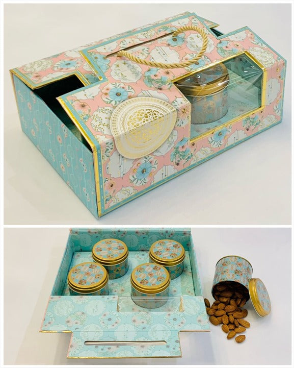 Rectangle Premium Delight Box with 4 Jars with Jute Handle