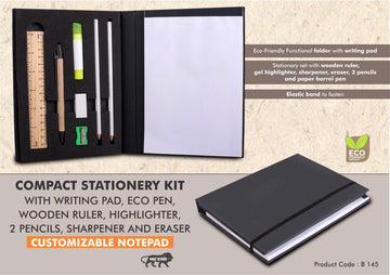 Compact Stationery Kit with Writing Pad, Eco Pen, Wooden Ruler, Highlighter, 2 Pencils, Sharpener and Eraser | Customizable Notepad: Black