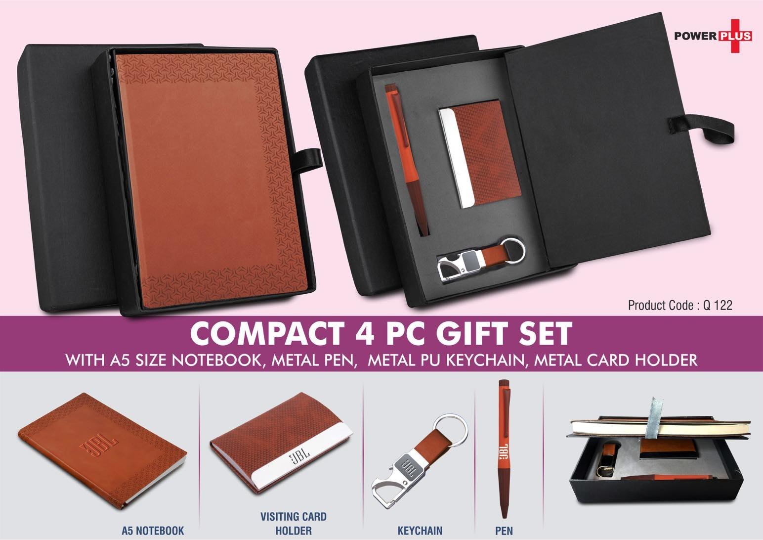 Compact 4 pc gift set: A5 size Notebook, Metal Pen, Metal PU Keychain, Metal Card Holder: Tan